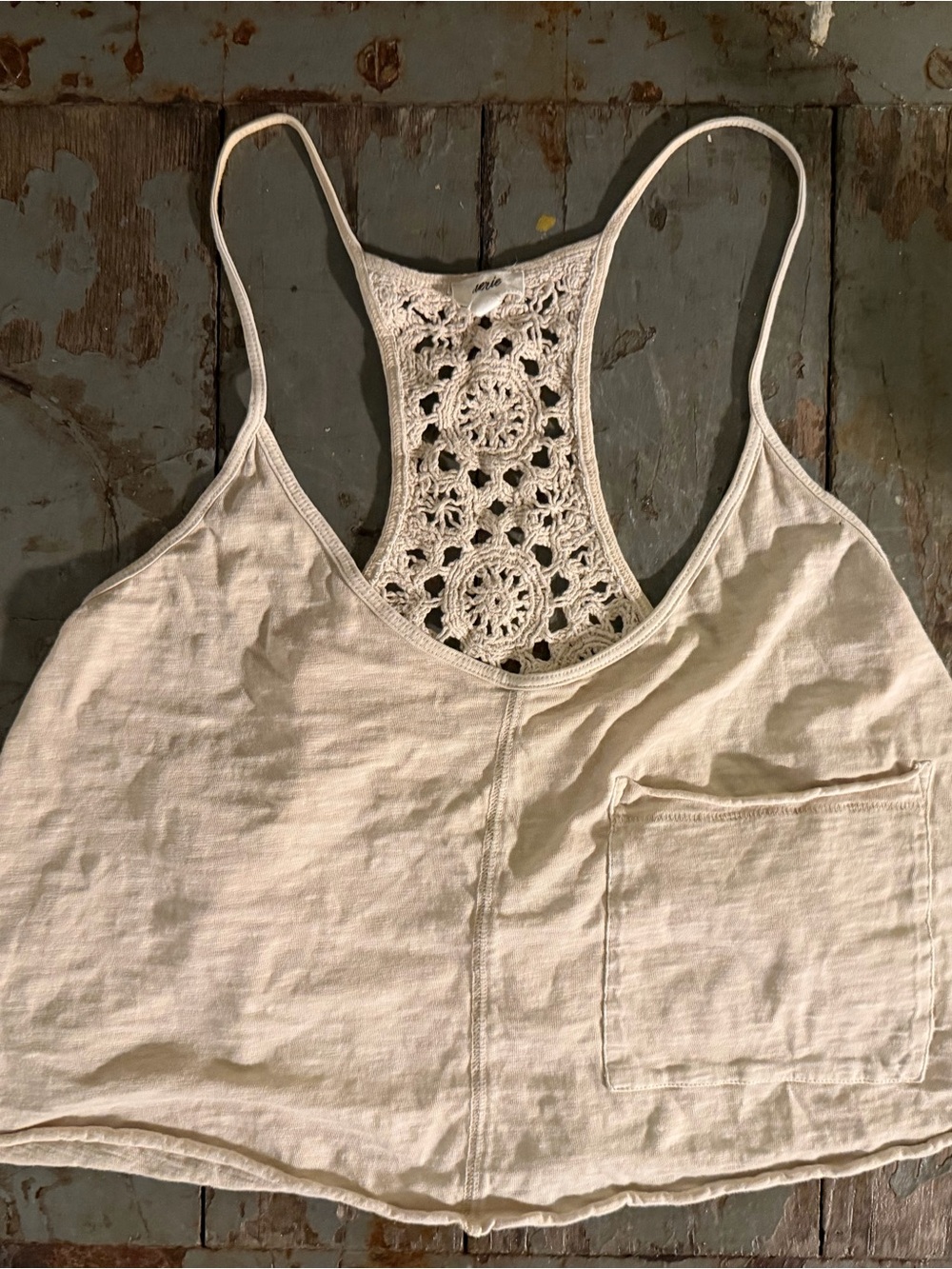 aerie Cottagecore Summer House Cropped Tank Top in Light Tan with Crochet Back